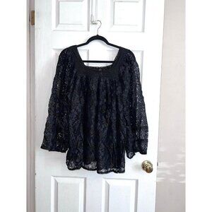 THE VERMONT COUNTRY STORE Black Lace Overlay Crochet Neck Peasant Blouse